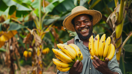 A smiling African man holds bananas in his hands. Harvest and fruit concept.