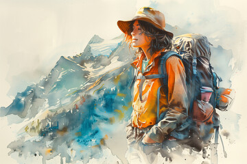 Backpacker hiking in the snow covered mountains, travel and wanderlust concept, lifestyle young adult, outdoor expedition, watercolor painting