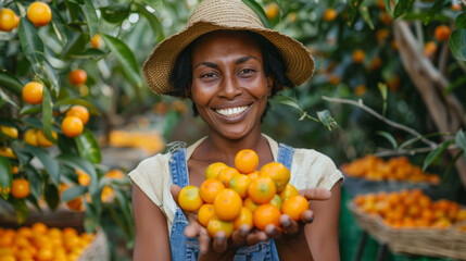 A smiling African woman holds tangerines in her hands. Harvest and fruit concept.
