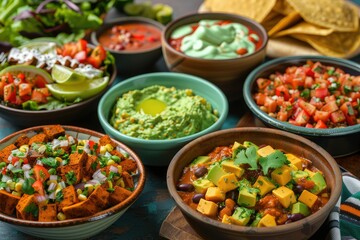 A spread of vegan adaptations of traditional Mexican dishes, highlighting freshness and plant-based ingredients.