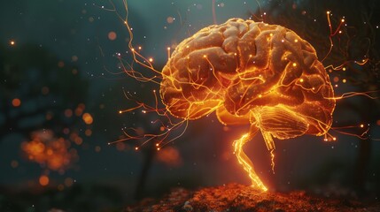 Lightweight illustration of a human brain model in the shape of a tree with glowing lines and veins, future technology
