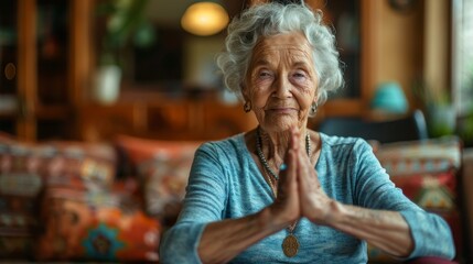 The photo shows a smiling elderly woman with gray hair, she is sitting cross-legged on the floor with her hands together in a prayer position.
