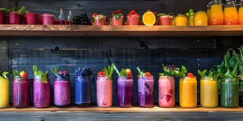 Modern juice bar serving freshly made plant-based drinks using locally sourced ingredients. Concept Juice Bar, Fresh Ingredients, Plant-based drinks, Local Sourcing, Modern Setting