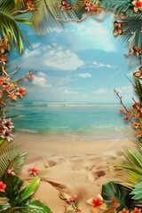 A painting depicting a seascape, decorated with flowers along the outline. Vertical image with copy space.
