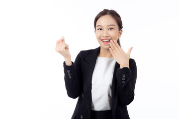 Portrait young asian businesswoman in suit standing with excited isolated white background, business woman is manager or executive thinking and idea with imagination with success, business concept.