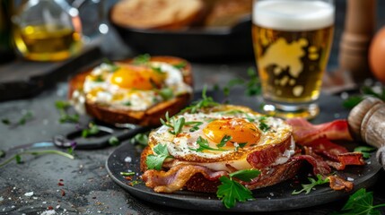Welsh Rarebit with beers. bacon, eggs, front view. copy space for text