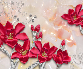 red roses and silver petals on marble background 