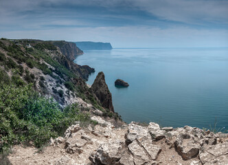Seascape . Panoramic view of the sea coast of the Black Sea in the area of Cape Fiolent. Hiking...