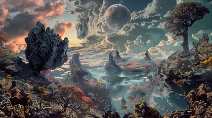 Surreal digital collage blending autumnal forests with abstract urban elements. High-resolution artwork merging nature and technology themes. Mystical and transformative art concept.