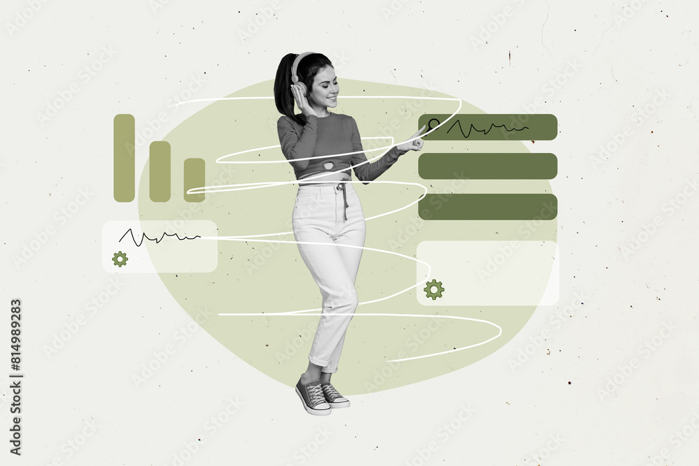 Poster Creative abstract template graphics collage image of smiling lady showing presentation isolated green color background