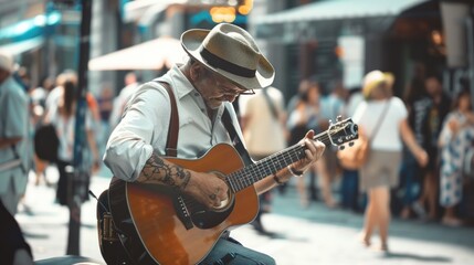 man playing an guitar on street corner wearing a fedora hat