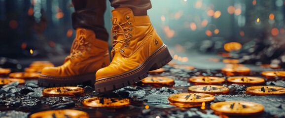A Man With Yellow Boots Steps On Bitcoin Coins, Symbolizing The Dominance Of Traditional Currency Over Digital Assets,High Resolution