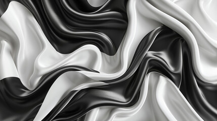 Obraz premium Digitally generated visual of flowing silk fabric, where the folds and curves subtly suggest cow skin patterns, ed in elegant shades of black and white for a luxurious textile effect.