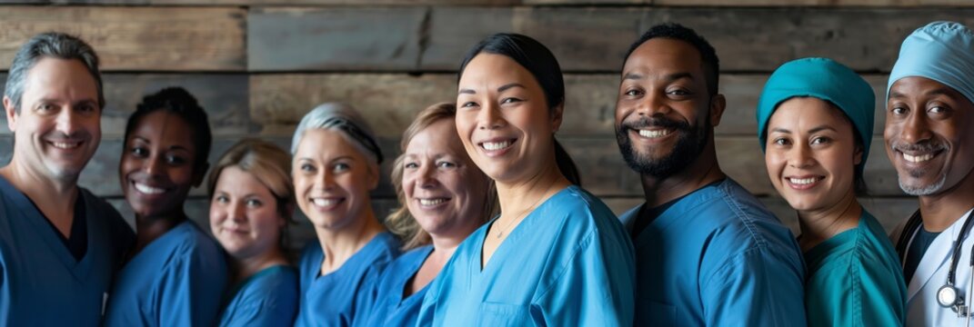 A line-up of diverse medical staff in blue scrubs standing together, representing teamwork and unity in healthcare