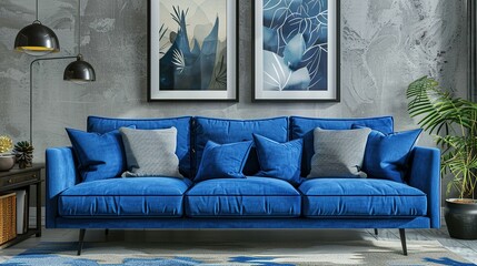 Interior of living room with blue sofa 3d rendering background,