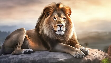 Portrait of a beautifull male lion on a rock