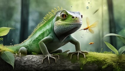 Naklejka premium A big green lizard in the jungle