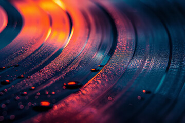 Rough, textured portrayal of a vinyl record, with grooves glowing in neon colors to represent the enduring impact of rock music,