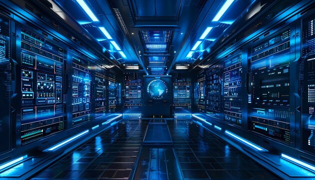A futuristic data center with glowing blue lights and servers.