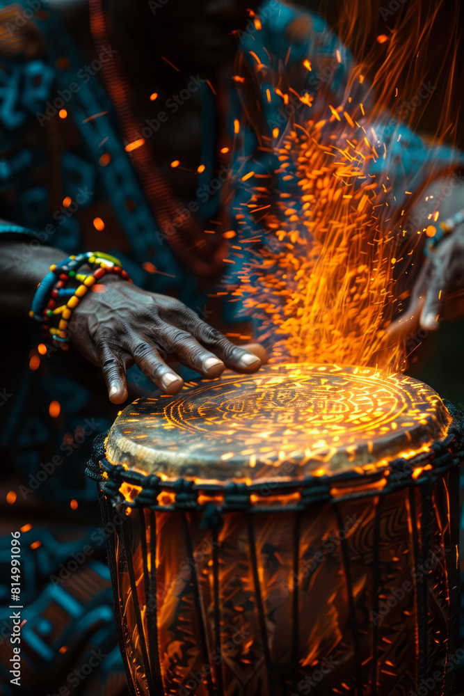 Poster Visualization of an African djembe drum, with its rhythmic patterns translated into a series of dynamic abstract forms,