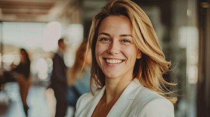 Beautiful woman in a white medical coat, soft focus background,Smiling beautiful elegant businesswoman standing at lobby Copy space. Generative AI - Powered by Adobe
