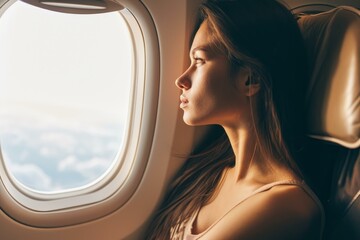 Peaceful young woman looks out of an airplane window, bathed in warm light