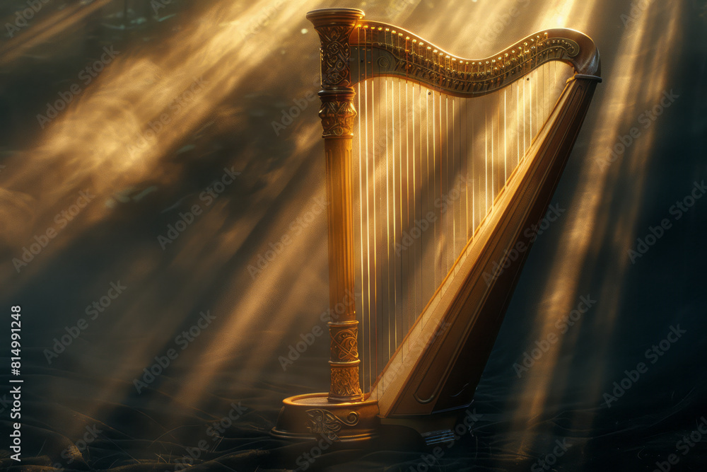 Poster Abstract depiction of a Celtic harp, with its strings radiating out as rays of light in a modern art style,