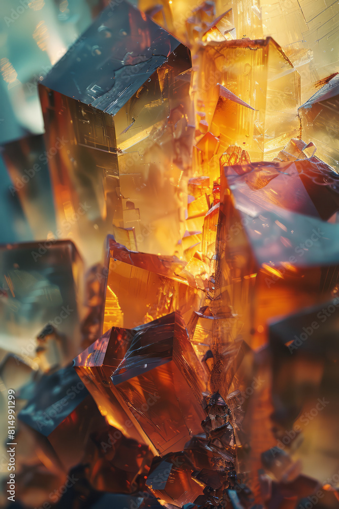 Poster Integration of Baltic amber inclusions in a resin-like transparent overlay, merging with abstract, colorful backgrounds,