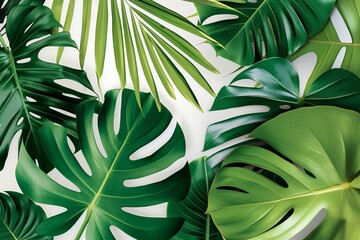 A close-up image showcasing a lush arrangement of tropical leaves, including Monstera and various types of palm leaves. The vibrant greenery is displayed against a white background, highlighting the