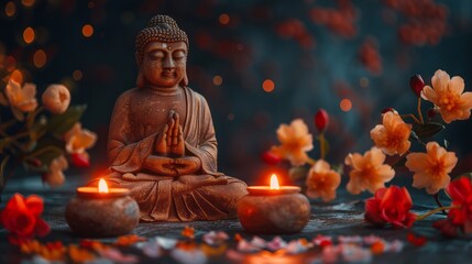 wide shot of buddha statue with two glowing clay lamps and flowers on black background. buddhism concept. with copy space. wesak day