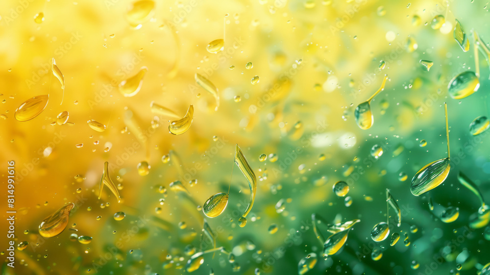 Poster Bright yellow and green gradient background with oversized, translucent notes floating across,