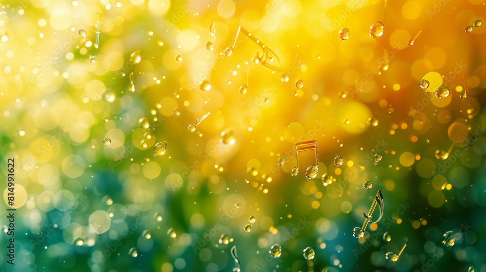 Poster Bright yellow and green gradient background with oversized, translucent notes floating across,