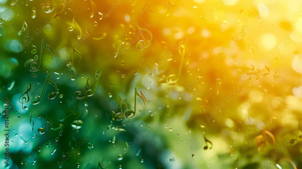 Poster Bright yellow and green gradient background with oversized, translucent notes floating across,
