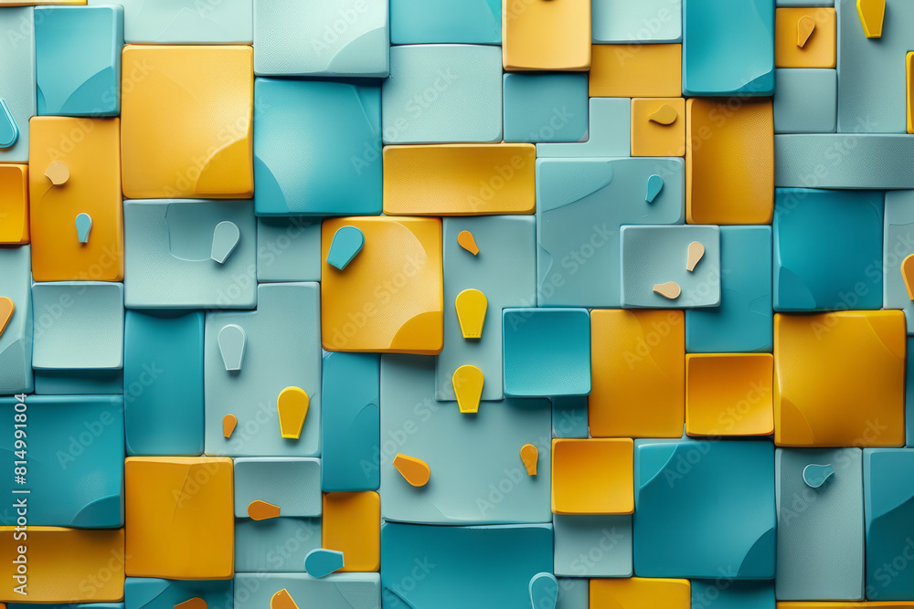 Poster abstract composition of bright turquoise and sunny yellow blocks with floating guitar pick icons,