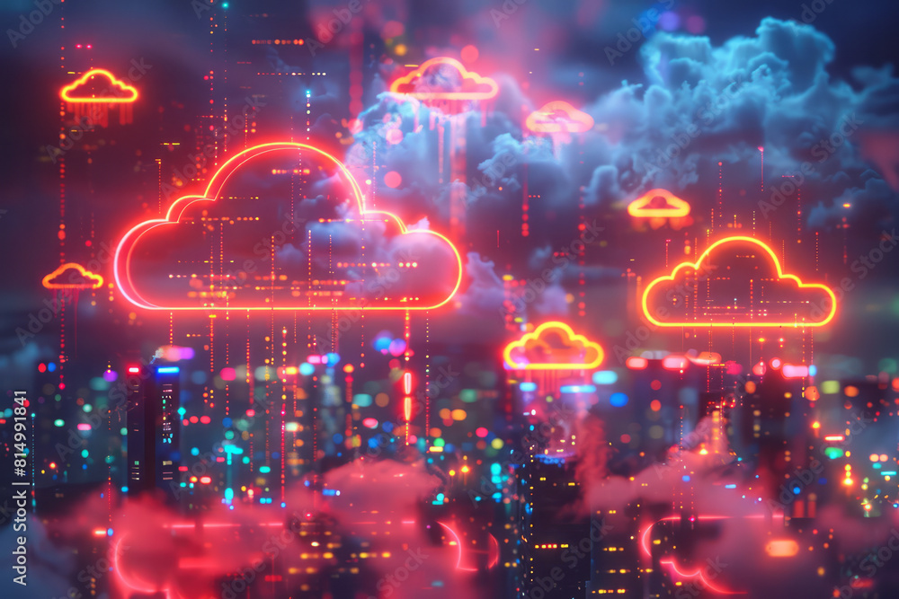 Aufkleber luminous neon grid over a dark background, punctuated with icons of cloud-shaped speech bubbles,