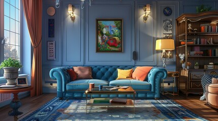 Interior of living room with blue sofa 3d rendering background,