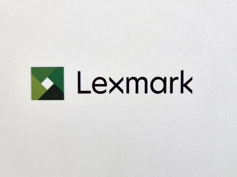 In this photo Lexmark International logo is displayed on plastic background