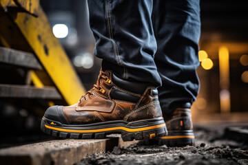 A factory worker which is wearing safety shoe and working uniform is standing in the factory, ready for working in danger workplace concept. Industrial working scene and safety equipment.