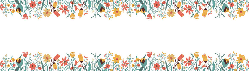 Fototapeta premium seamless floral background with flowers, border, leaves. Spring botanical, plant illustration, objects isolated on white background. for print, banner, border with space for text. art png illustration