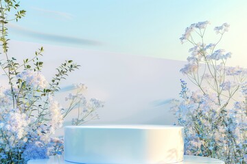 A natural beauty podium backdrop with a spring rose flower field scene. This is a 3-D rendering.. Beautiful simple AI generated image in 4K, unique.