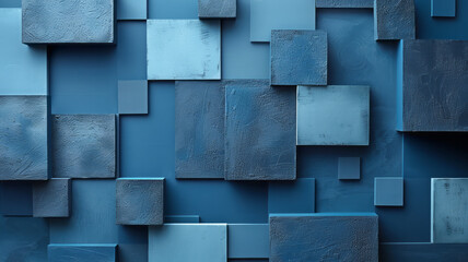 Simple navy blue squares of varying sizes on a light blue background, symbolizing different sound pitches,