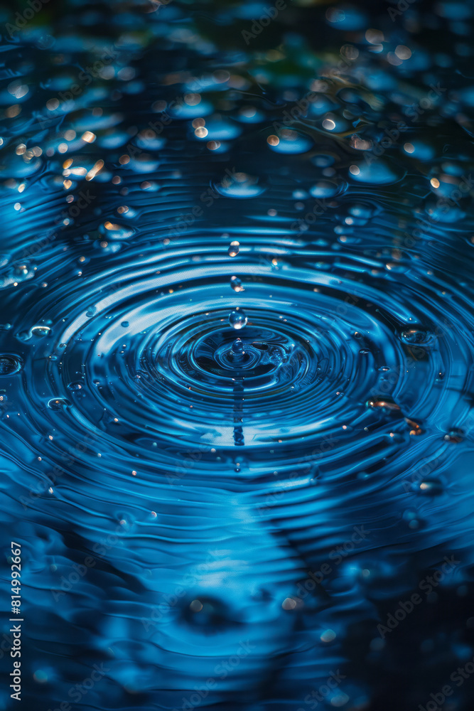Poster minimalist depiction of a ripple effect with concentric circles in varying shades of blue on a navy 