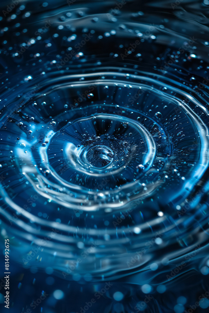 Poster minimalist depiction of a ripple effect with concentric circles in varying shades of blue on a navy 
