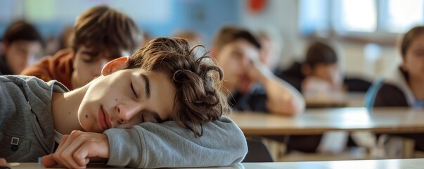 A student is seen sleeping at a desk with classmates around, in an educational setting