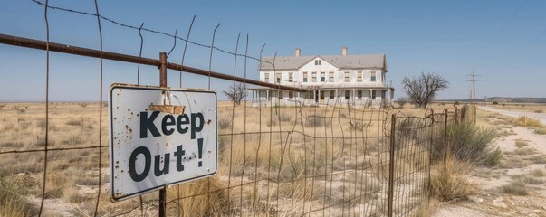 An eerie setting with an abandoned house, dead trees, and a vivid 'Keep Out' sign