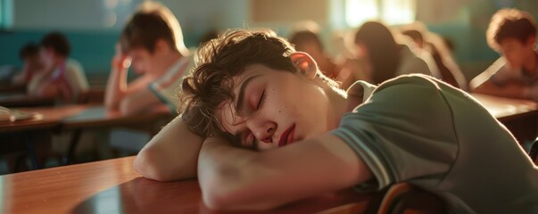 A student is seen sleeping at a desk with classmates around, in an educational setting