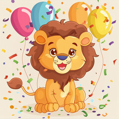Cute lion with balloons and confetti. Vector cartoon illustration.