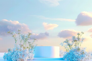 A natural beauty podium backdrop with a spring rose flower field scene. This is a 3-D rendering.. Beautiful simple AI generated image in 4K, unique.