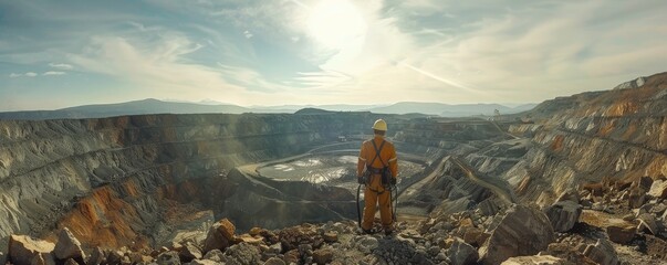 An employee in high-visibility gear observes a vast mining pit operation