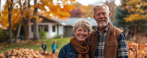 An affectionate elderly couple stands smiling with a home and autumn leaves in the background